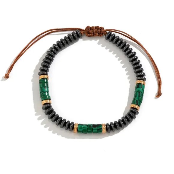 Green Malachite Natural Stone & Gray Alloy Beaded Adjustable Rope Bracelet NEW - Picture 9 of 9